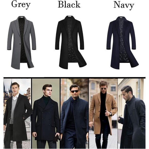 ✨ Men's Blue Full Length Trench Coast Long Wool Winter Windbreaker Overcoats - Picture 6 of 6